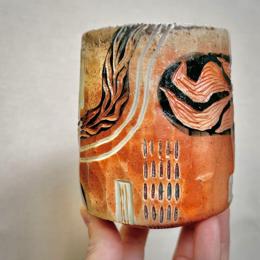 Woodfired Cup - 10oz Tumbler- Rustic Tumbler with Wandering Lines and Floral Designs