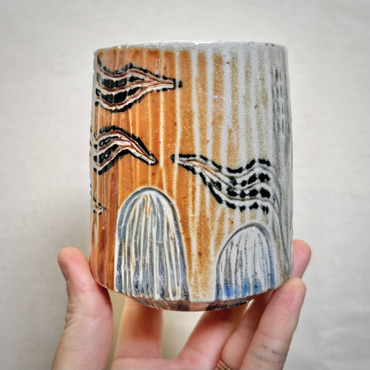 Woodfired Cup - 10oz Tumbler- Rustic Tumbler with Abstract Leaf Design