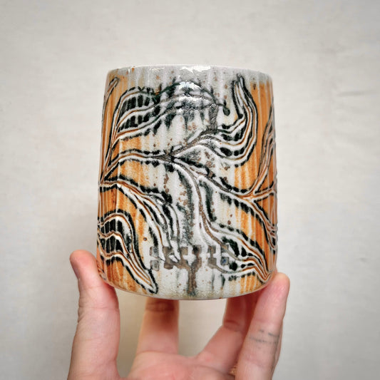 Wood Fired Tumbler - 10oz cup- Rustic Tumbler with Abstract Leaf Design