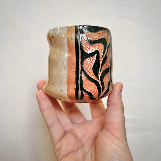 Wood Fired Thumbprint Cup - 8oz Tumbler - Rustic with Abstract Leaf Design