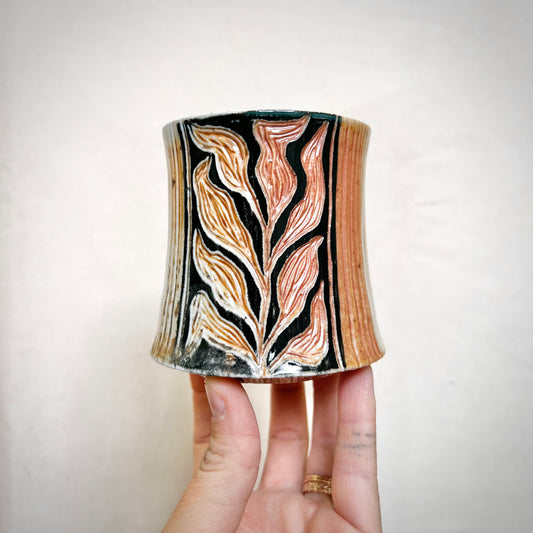 Woodfired Ceramic Tumbler - 8oz cup- Rustic Tumbler with Striped Design