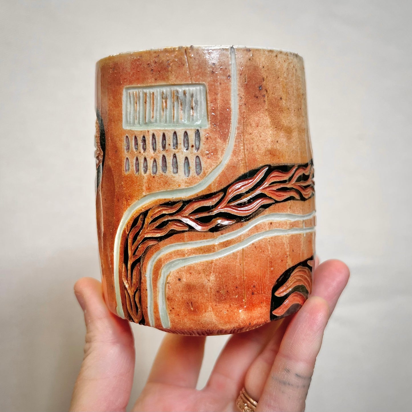 Woodfired Cup - 10oz Tumbler- Rustic Tumbler with Wandering Lines and Floral Designs