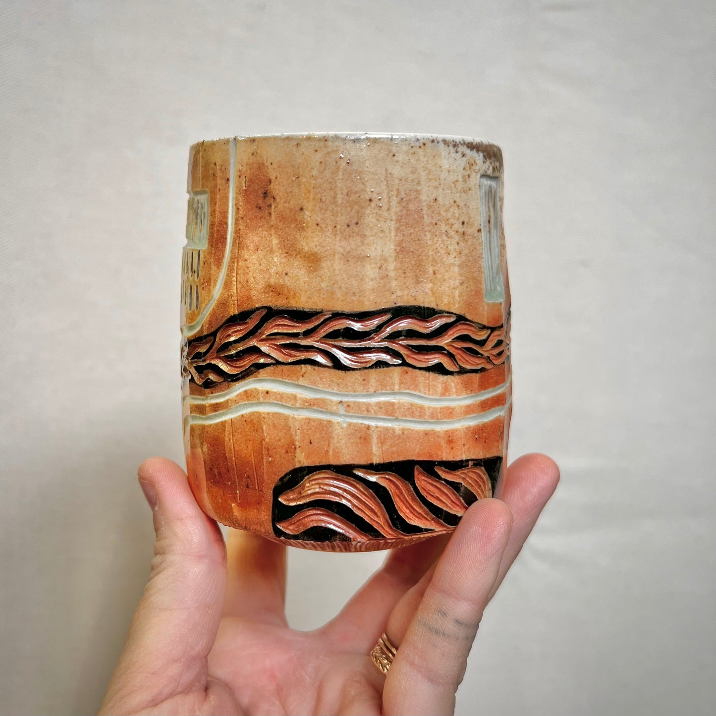 Woodfired Cup - 10oz Tumbler- Rustic Tumbler with Wandering Lines and Floral Designs
