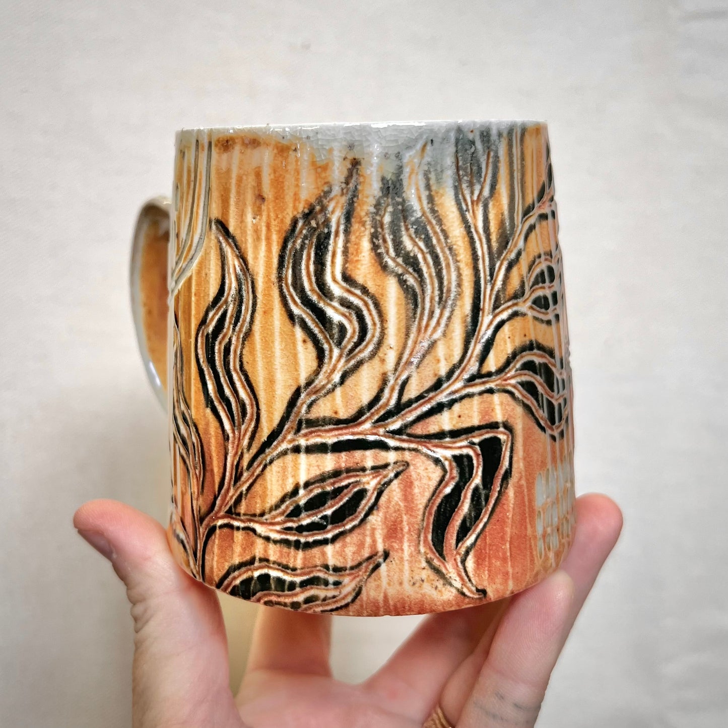 Leafy Wood Fired Mug **Slight Wobble** - 12oz - Rustic mug with Leaf Design