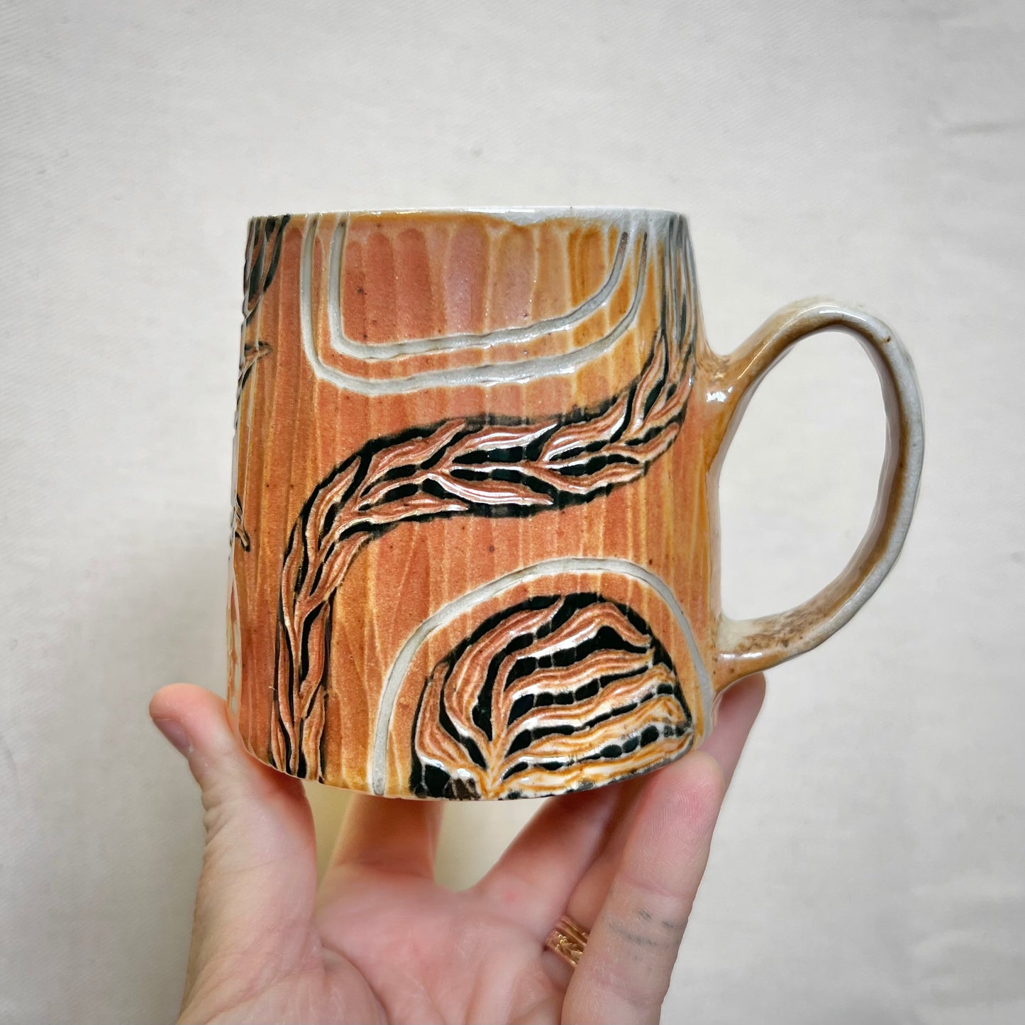 Leafy Wood Fired Mug **Slight Wobble** - 12oz - Rustic mug with Leaf Design