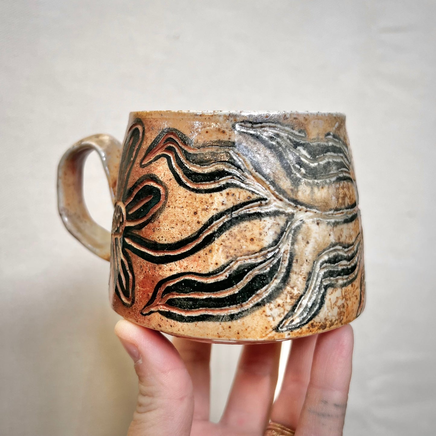 Leafy Wood Fired Mug - 8oz - Rustic Mug with Floral Design