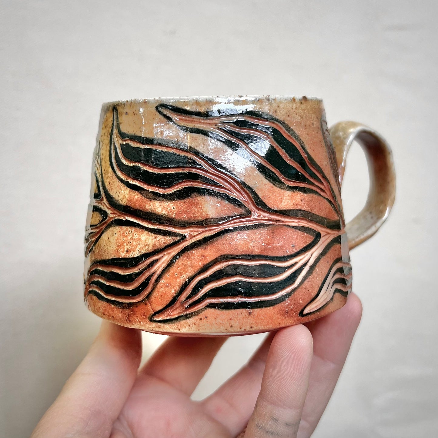 Leafy Wood Fired Mug - 8oz - Rustic Mug with Floral Design