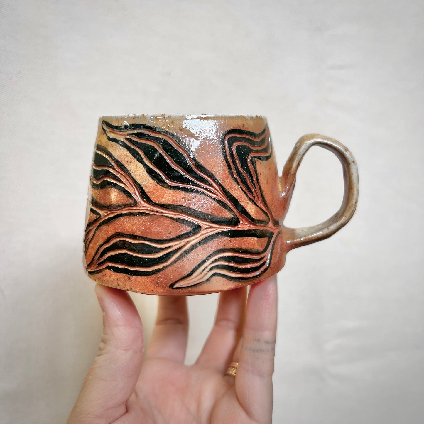 Leafy Wood Fired Mug - 8oz - Rustic Mug with Floral Design