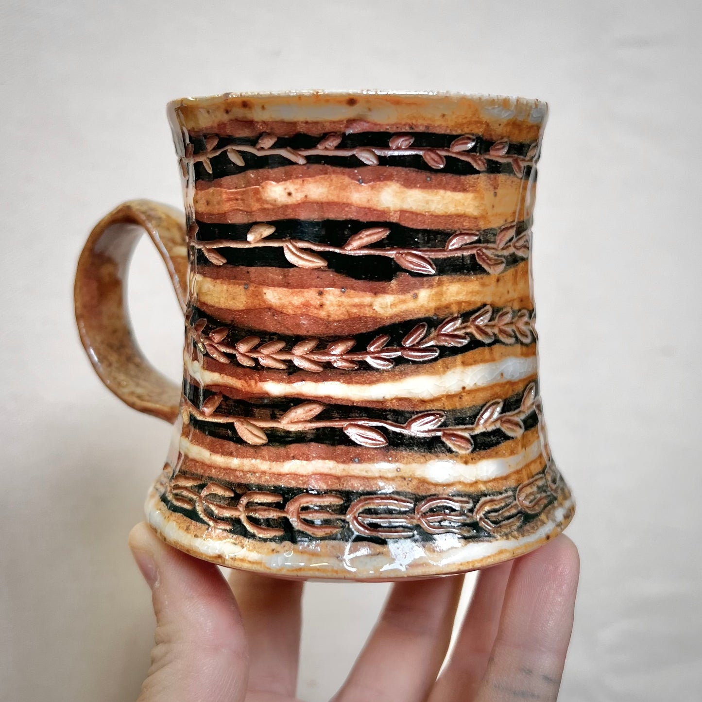 Wood Fired Mug - 8oz - Rustic Mug with Striped Vines Design