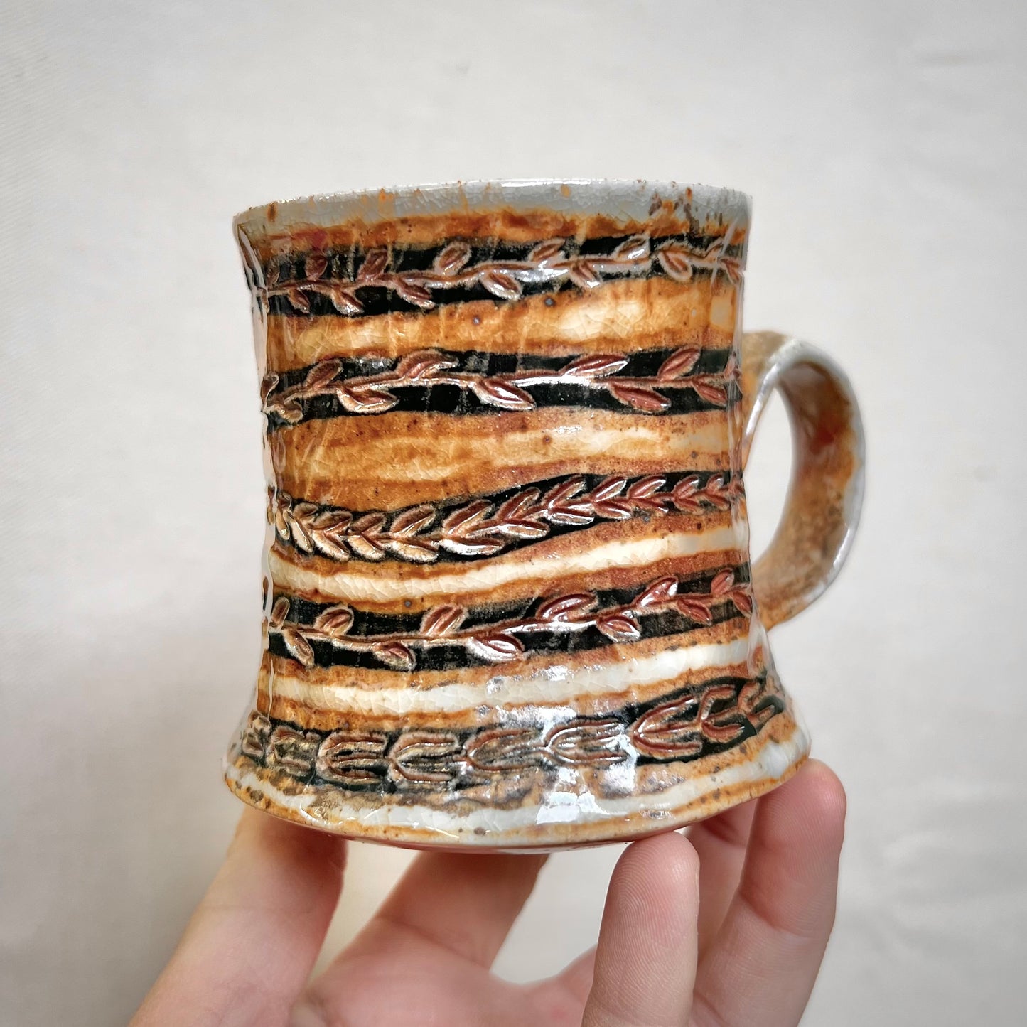 Wood Fired Mug - 8oz - Rustic Mug with Striped Vines Design