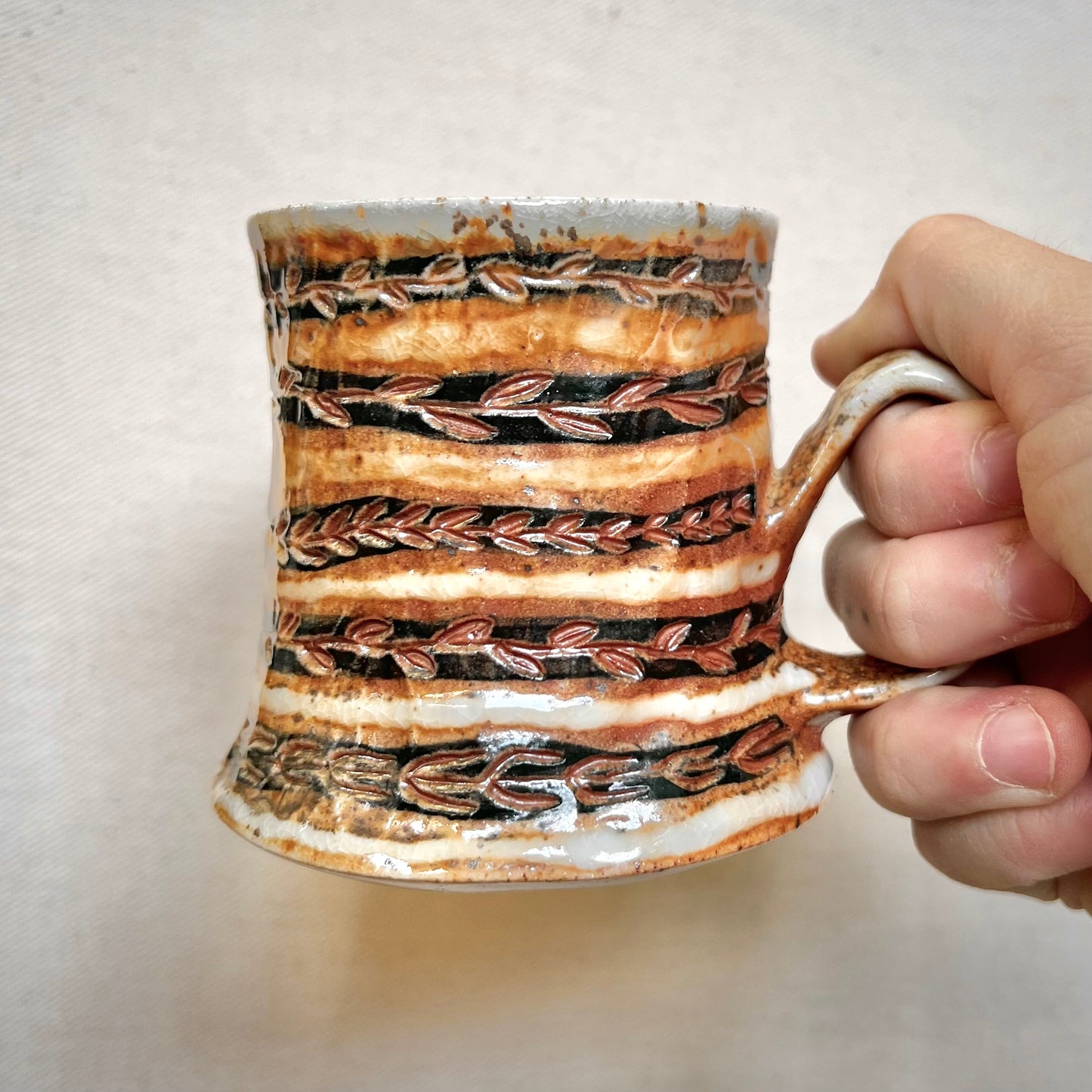 Wood Fired Mug - 8oz - Rustic Mug with Striped Vines Design