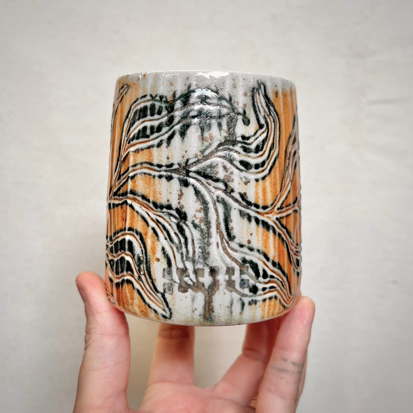 Wood Fired Tumbler - 10oz cup- Rustic Tumbler with Abstract Leaf Design