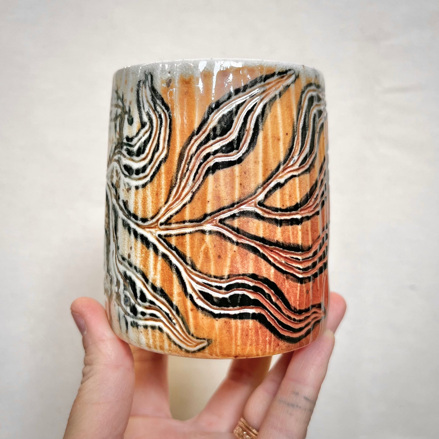 Wood Fired Tumbler - 10oz cup- Rustic Tumbler with Abstract Leaf Design