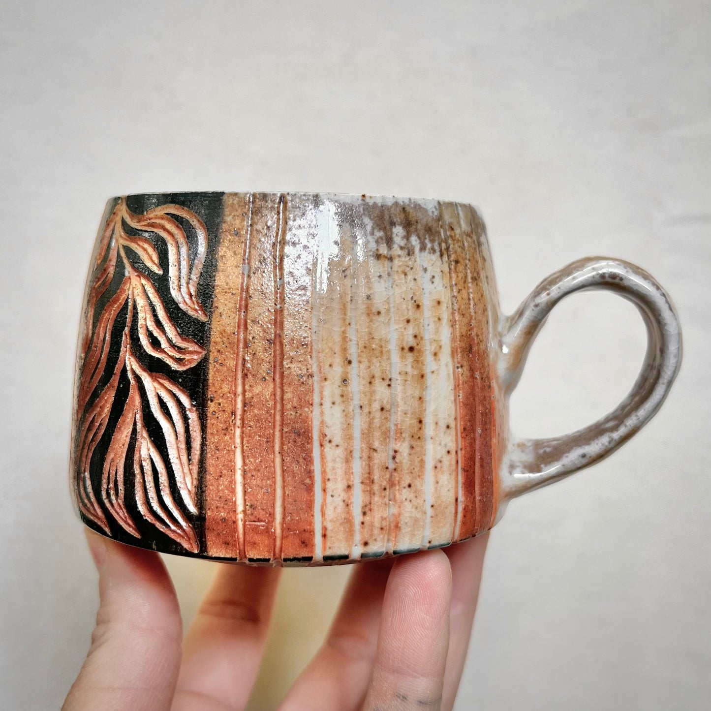 Leafy Wood Fired Mug - 9oz - Rustic Mug with Leaf Design
