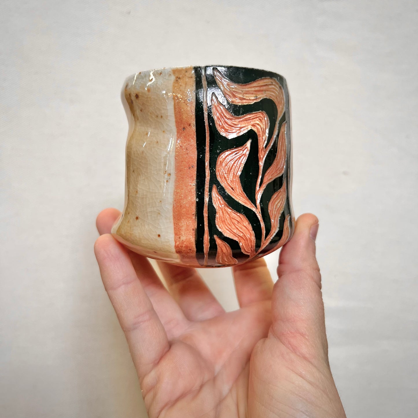 Wood Fired Thumbprint Cup - 8oz Tumbler - Rustic with Abstract Leaf Design