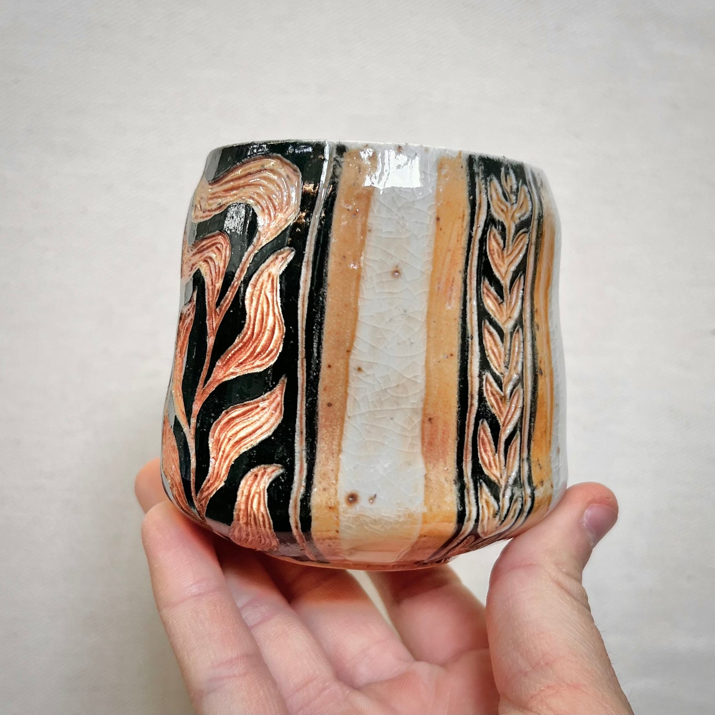 Wood Fired Thumbprint Cup - 8oz Tumbler - Rustic with Abstract Leaf Design