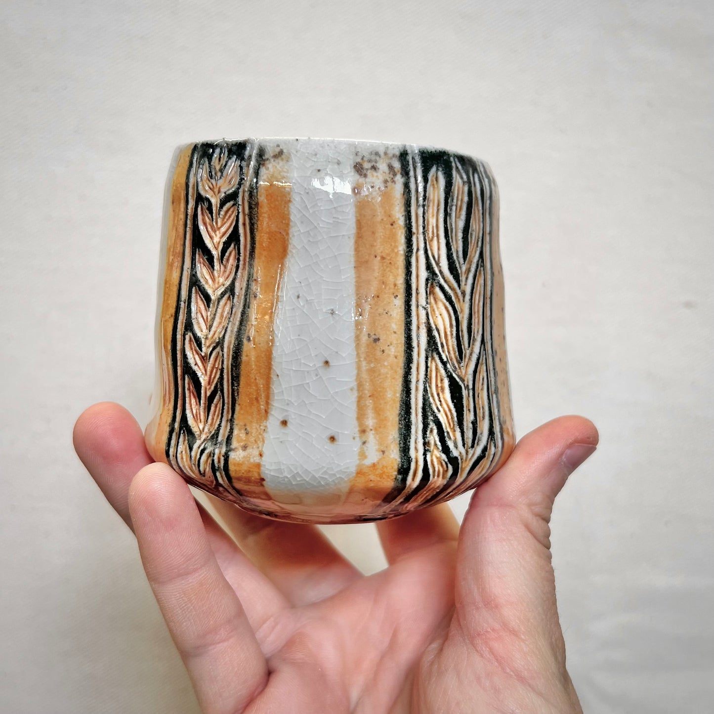 Wood Fired Thumbprint Cup - 8oz Tumbler - Rustic with Abstract Leaf Design