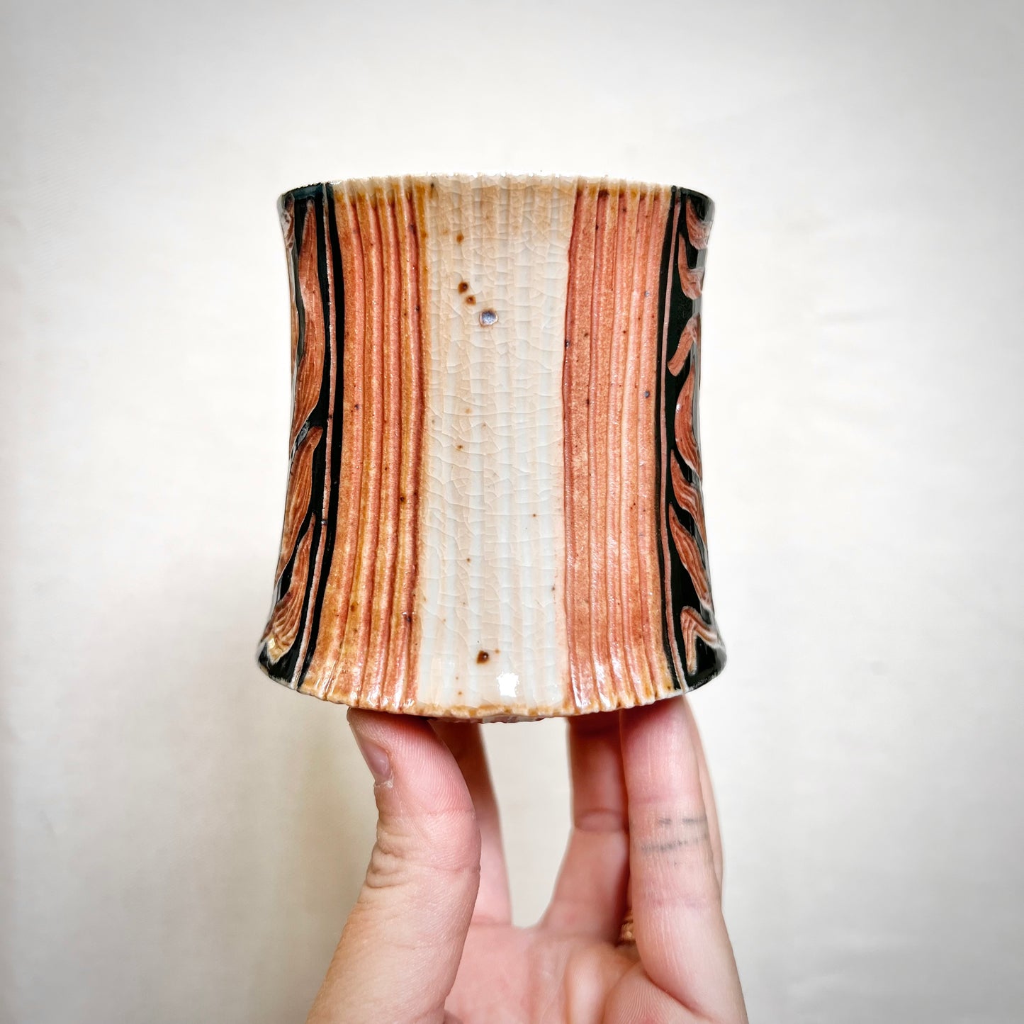 Woodfired Ceramic Tumbler - 8oz cup- Rustic Tumbler with Striped Design