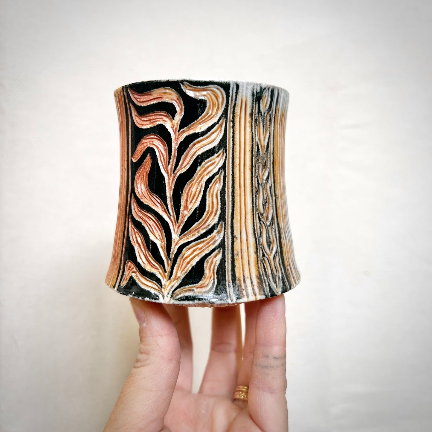 Woodfired Ceramic Tumbler - 8oz cup- Rustic Tumbler with Striped Design
