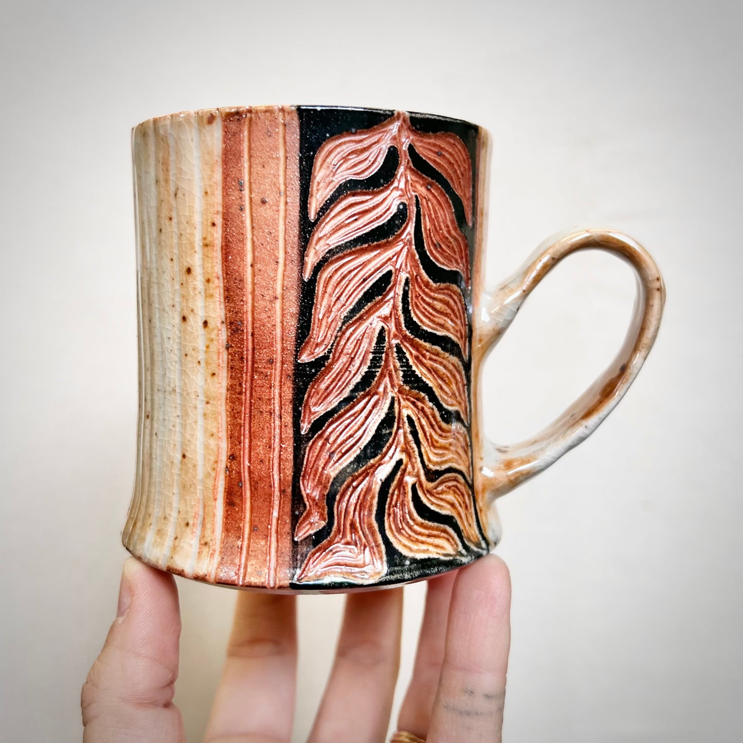Wood Fired Mug - 10oz - Rustic Mug with Abstract Leafy Design