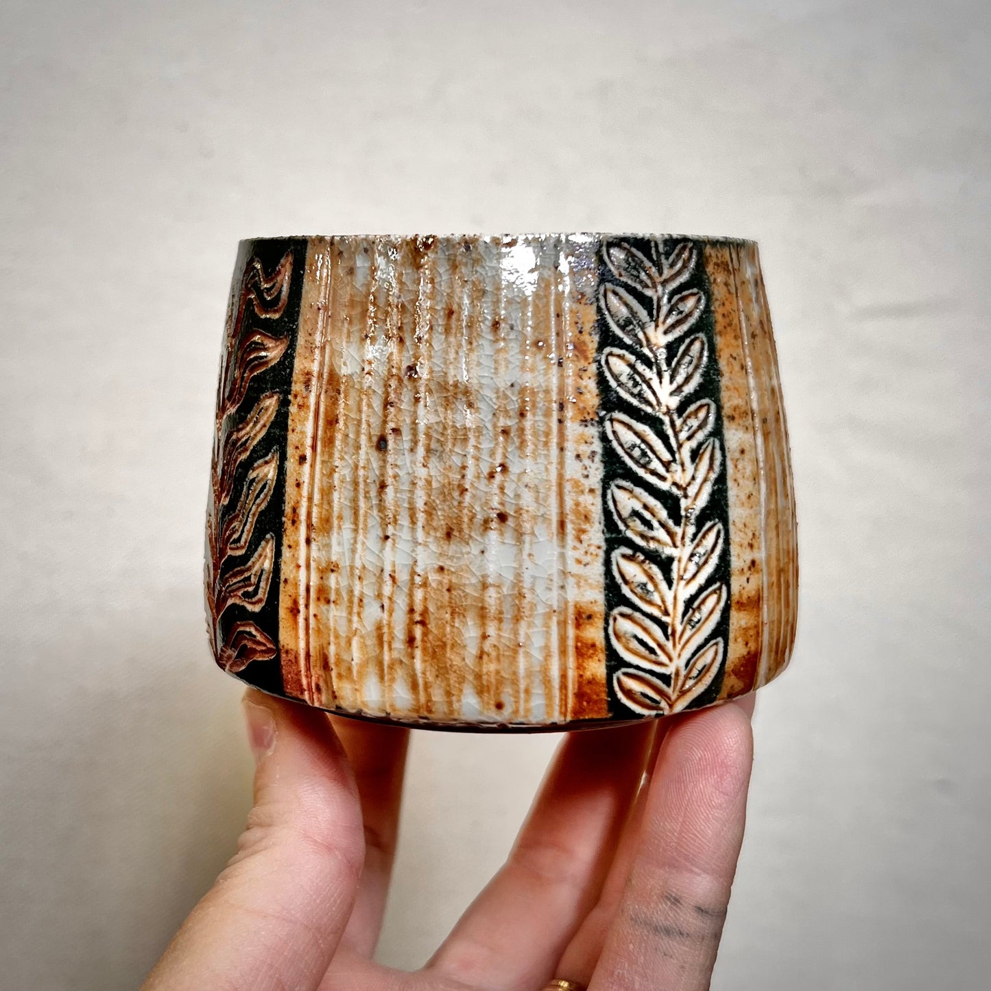 Wood Fired Mug -  8oz - Rustic Striped Leaf Design