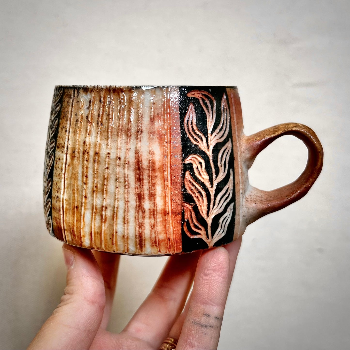 Wood Fired Mug -  8oz - Rustic Striped Leaf Design