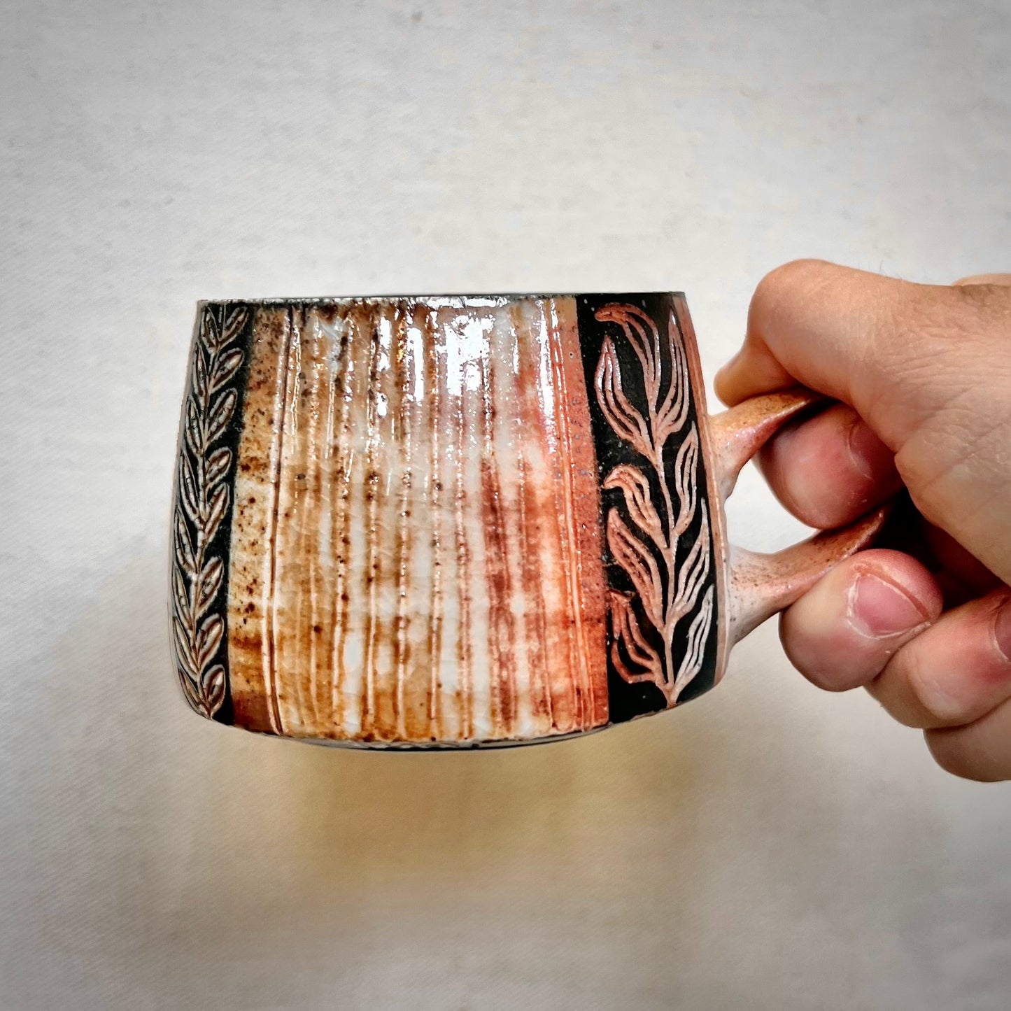 Wood Fired Mug -  8oz - Rustic Striped Leaf Design