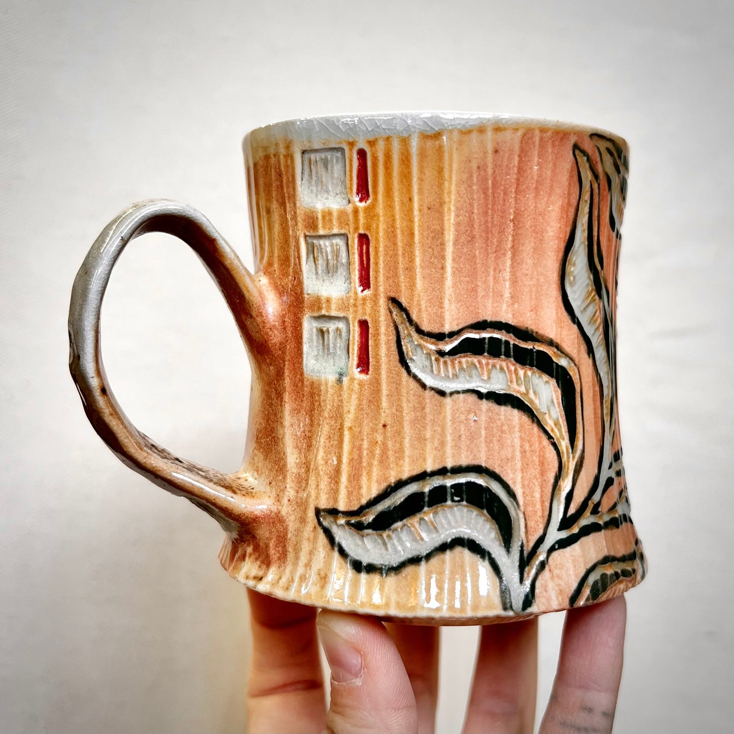 Wood Fired Mug - 11oz - Rustic Mug with Abstract Leafy Design