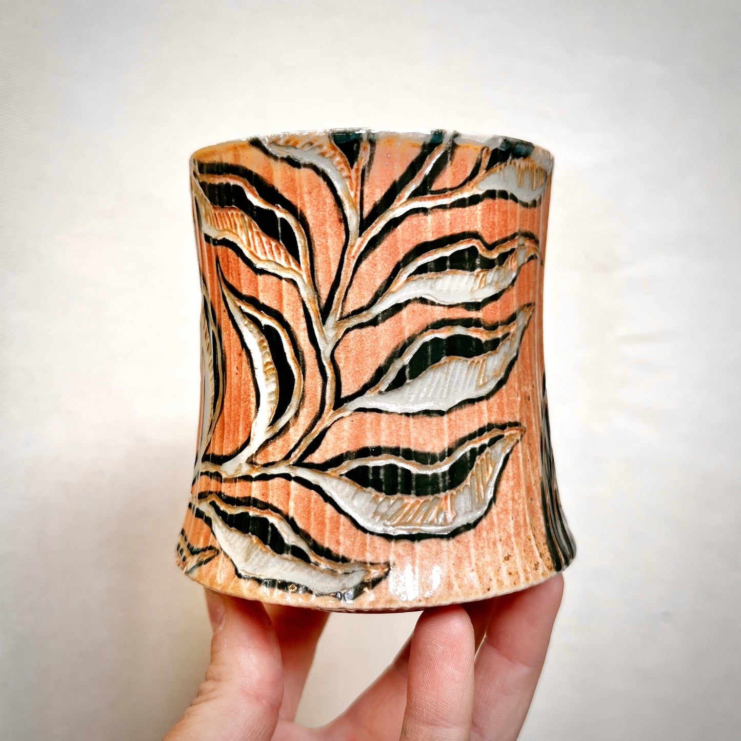 Wood Fired Mug - 11oz - Rustic Mug with Abstract Leafy Design