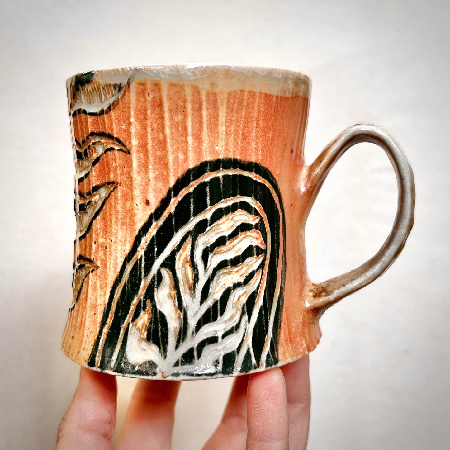 Wood Fired Mug - 11oz - Rustic Mug with Abstract Leafy Design