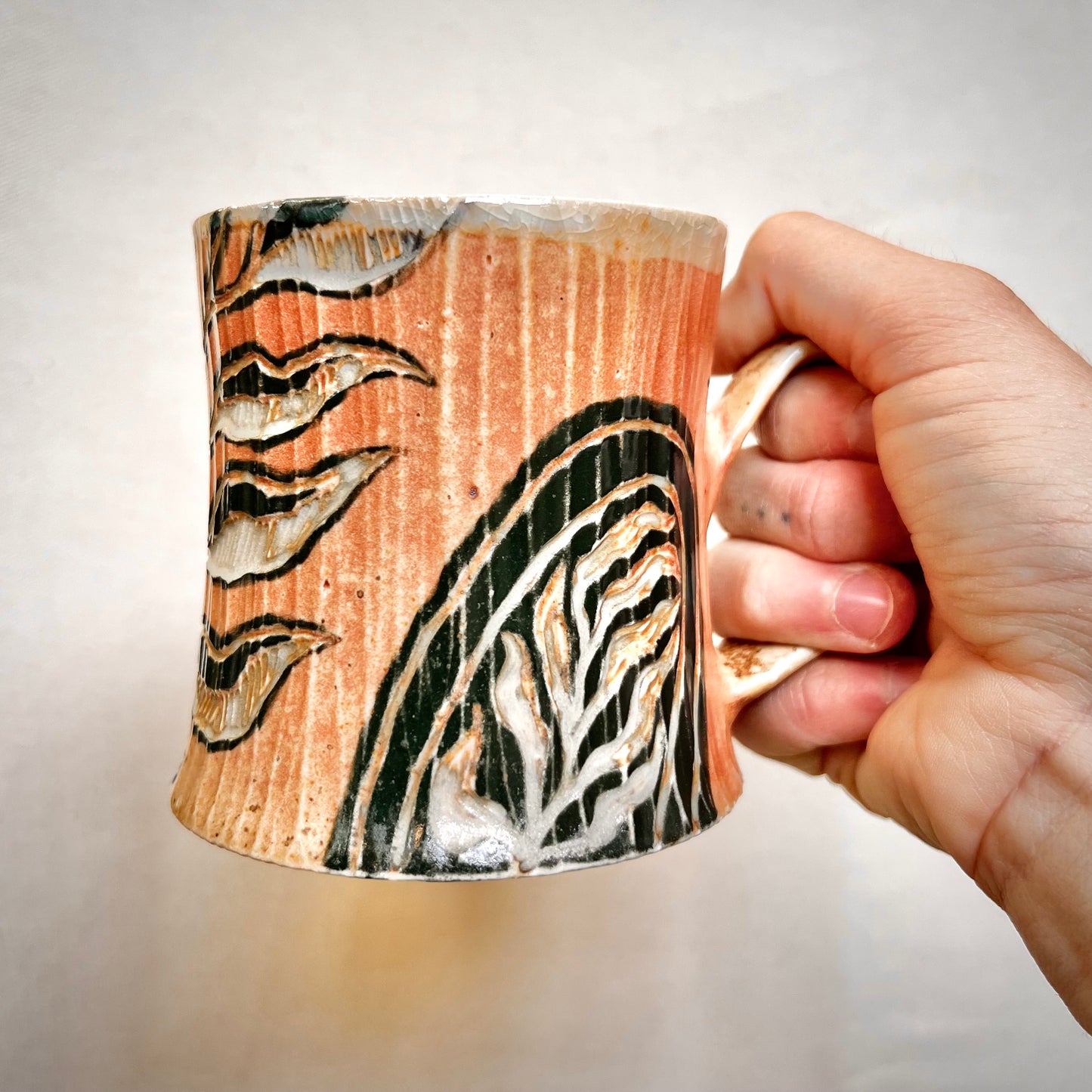 Wood Fired Mug - 11oz - Rustic Mug with Abstract Leafy Design