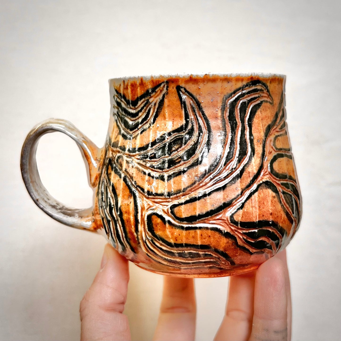 Wood Fired Mug -  9oz - Rustic Striped Leaf Design