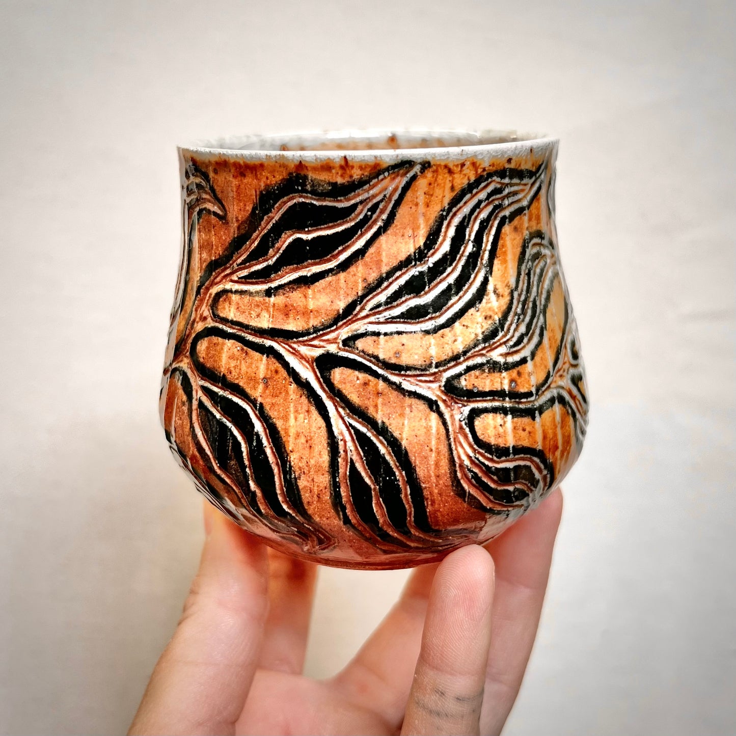 Wood Fired Mug -  9oz - Rustic Striped Leaf Design