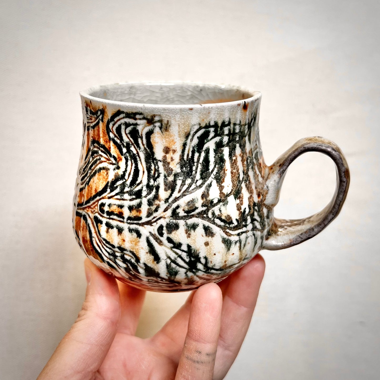 Wood Fired Mug -  9oz - Rustic Striped Leaf Design
