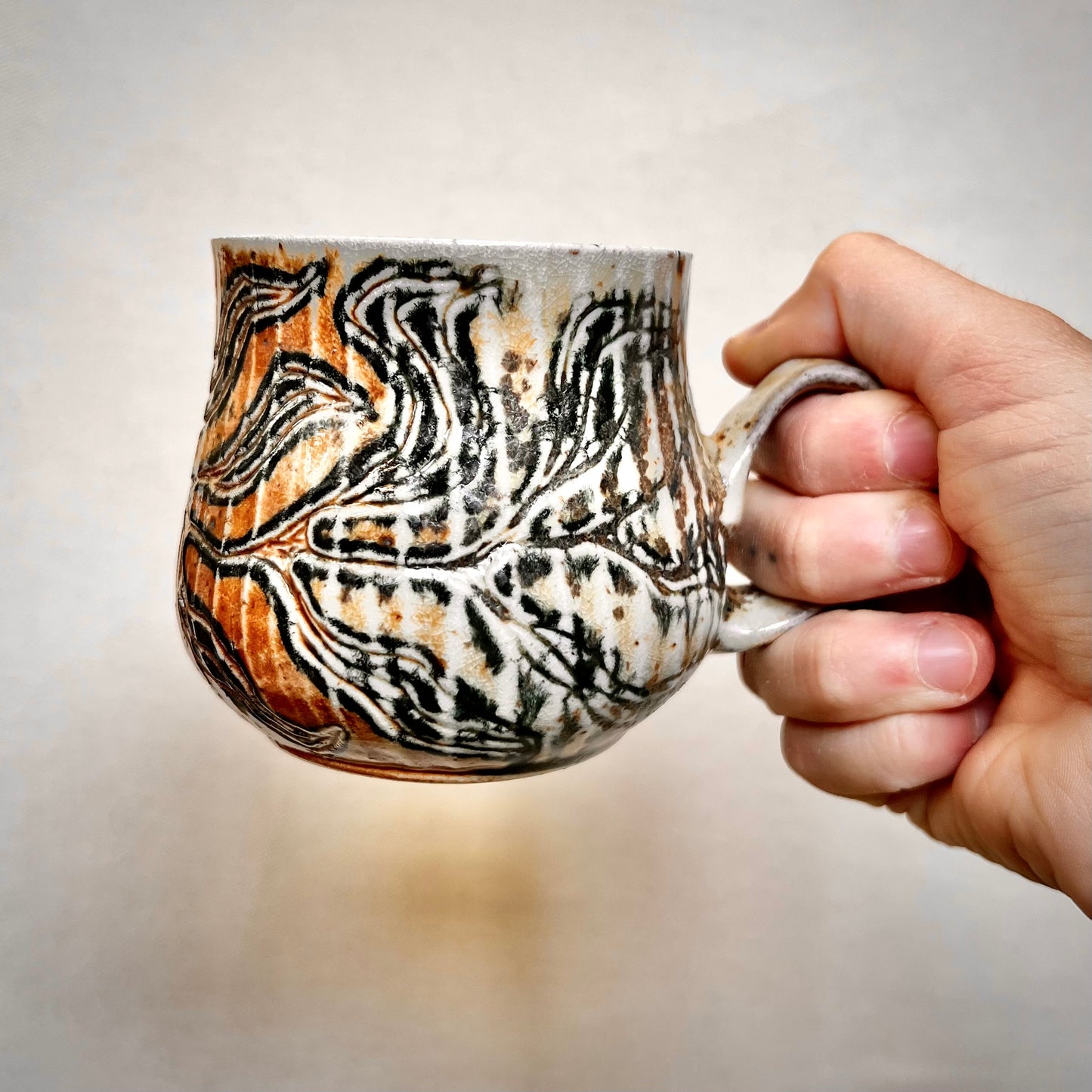 Wood Fired Mug -  9oz - Rustic Striped Leaf Design