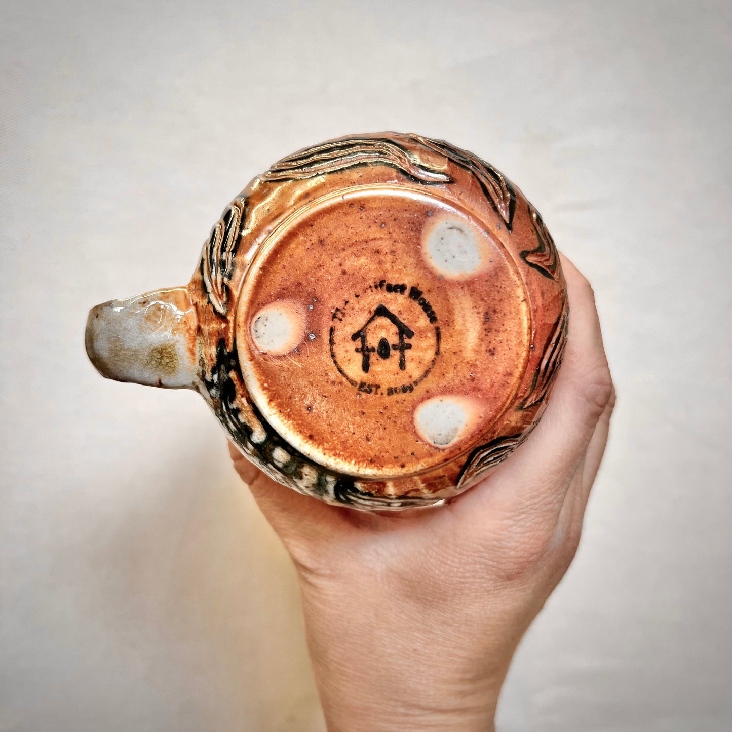 Wood Fired Mug -  9oz - Rustic Striped Leaf Design