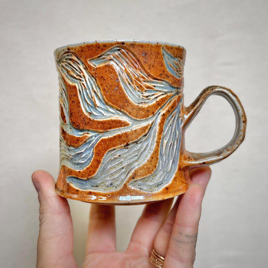 Woodfired Mug - 8oz mug - Rustic mug with Floral Design