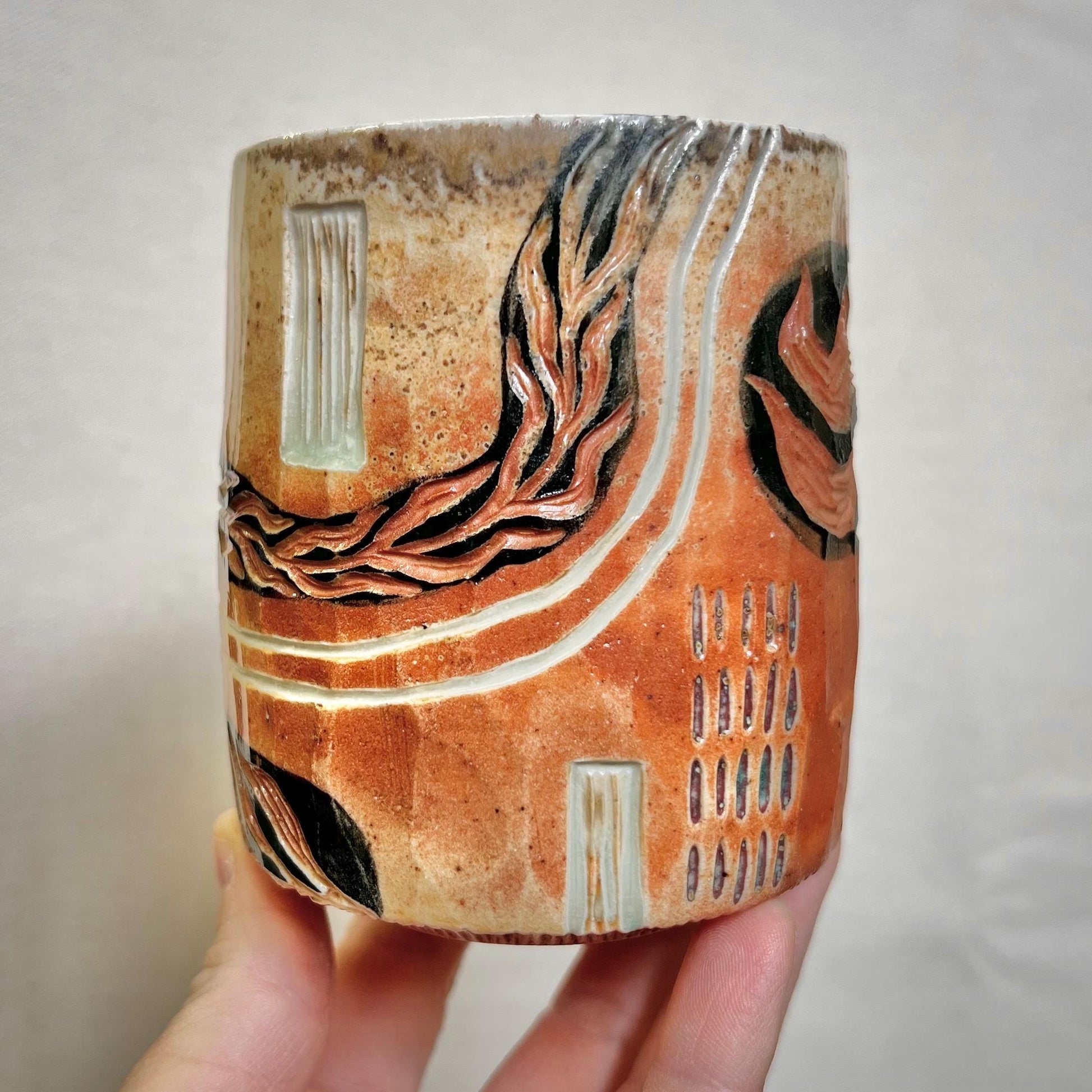 Woodfired Cup - 10oz Tumbler- Rustic Tumbler with Wandering Lines and Floral Designs