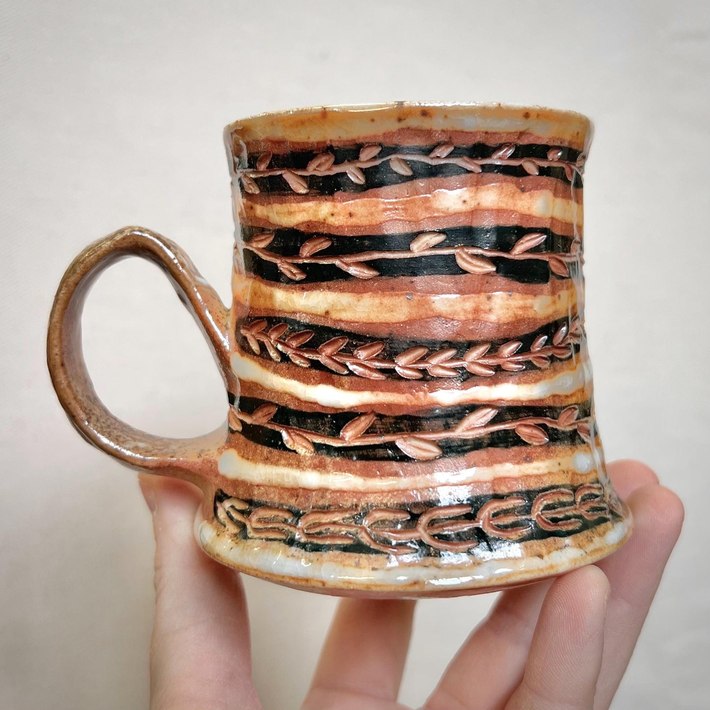Wood Fired Mug - 8oz - Rustic Mug with Striped Vines Design