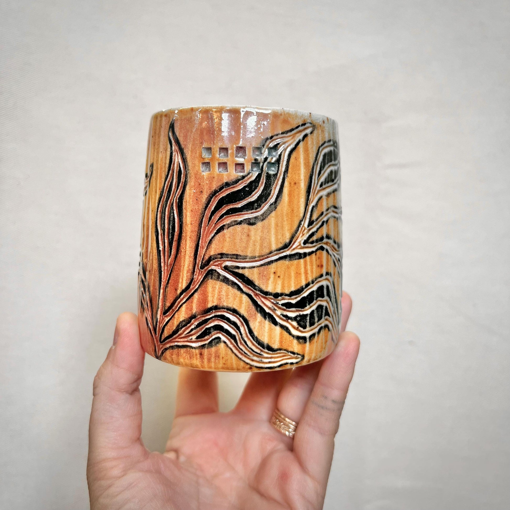 Wood Fired Tumbler - 10oz cup- Rustic Tumbler with Abstract Leaf Design