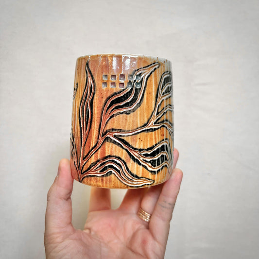 Wood Fired Tumbler - 10oz cup- Rustic Tumbler with Abstract Leaf Design
