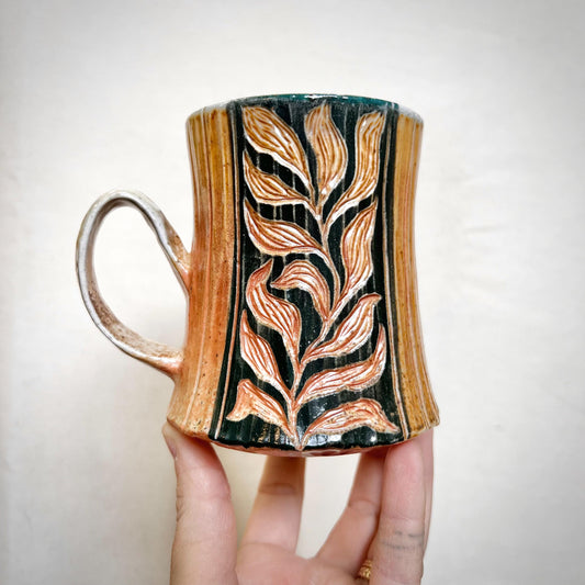 Leafy Wood Fired Mug - 12oz - Rustic Mug with Leaf Design