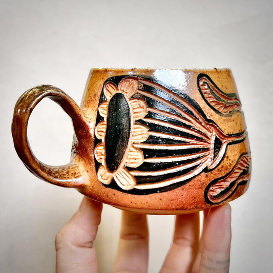 Wood Fired Mug - 8 oz - Rustic mug with Farmhouse Flower Design