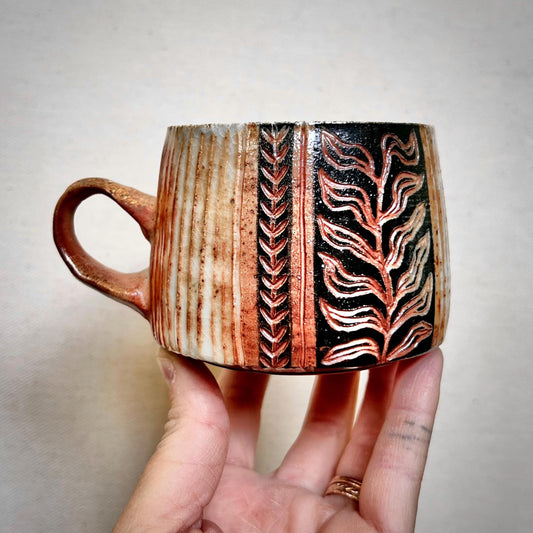 Wood Fired Mug -  8oz - Rustic Striped Leaf Design
