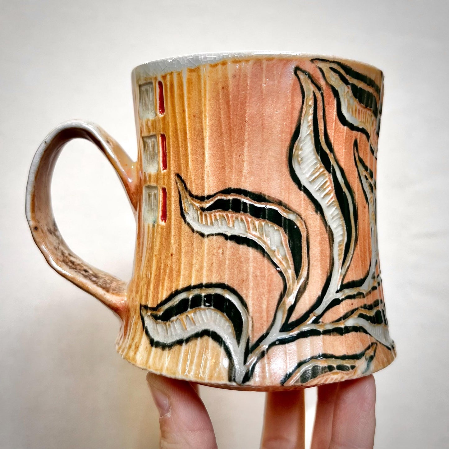 Wood Fired Mug - 11oz - Rustic Mug with Abstract Leafy Design