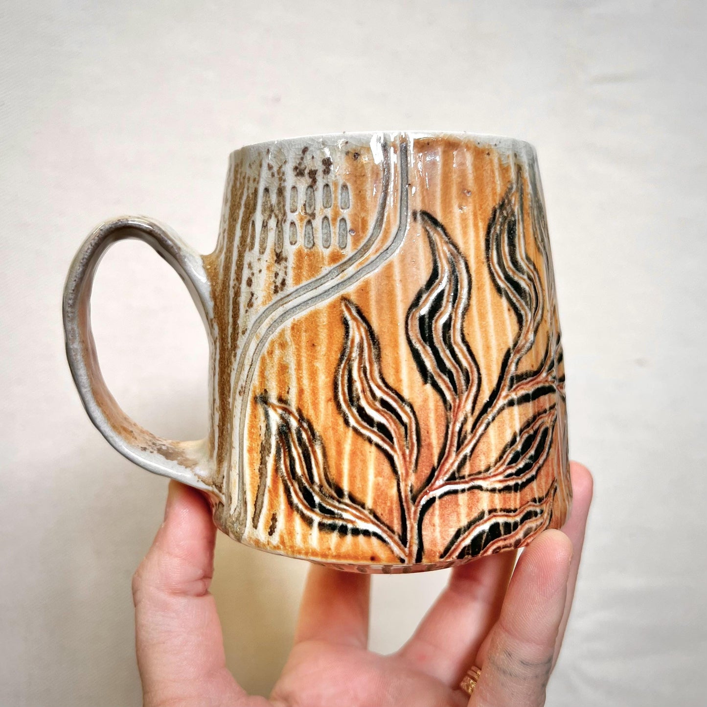 Leafy Wood Fired Mug **Slight Wobble** - 12oz - Rustic mug with Leaf Design