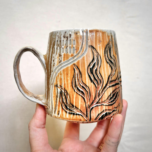 Leafy Wood Fired Mug **Slight Wobble** - 12oz - Rustic mug with Leaf Design