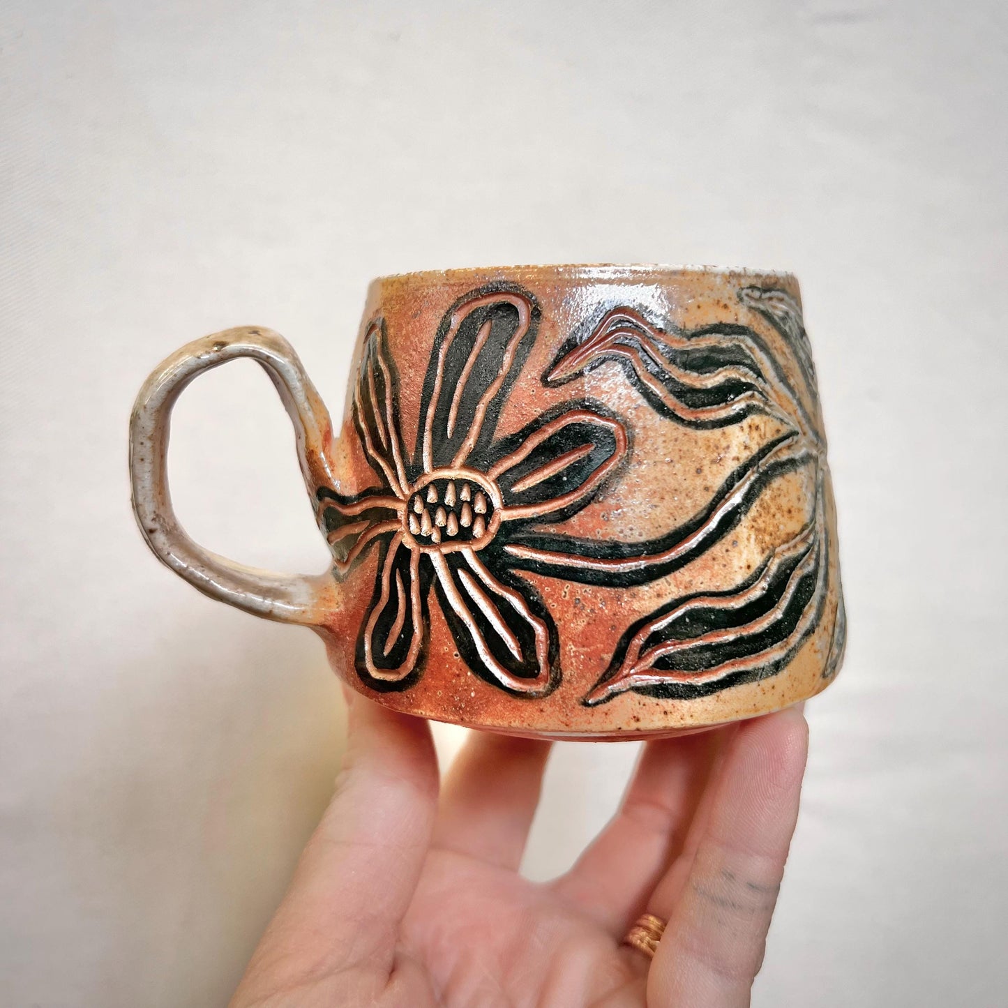 Leafy Wood Fired Mug - 8oz - Rustic Mug with Floral Design