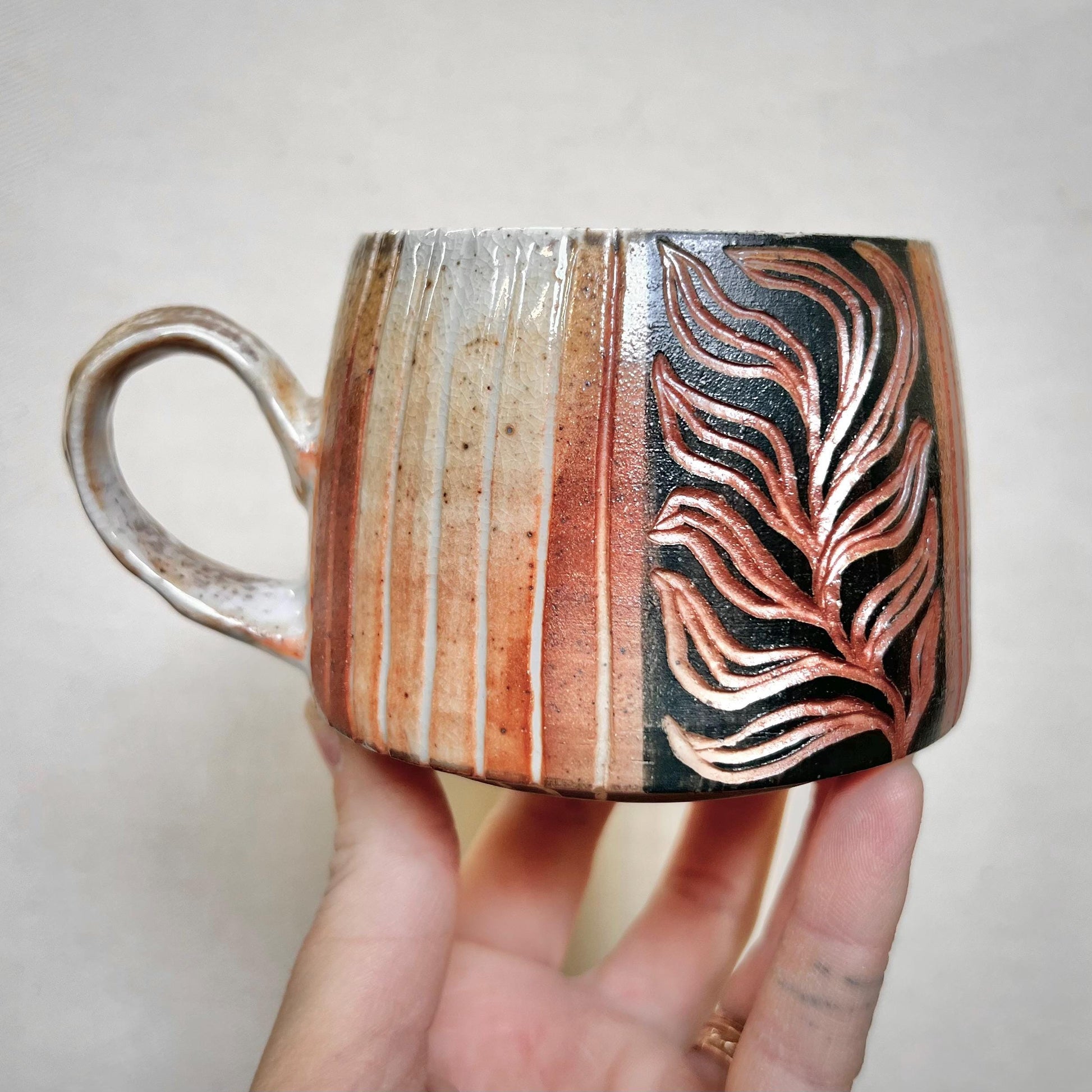 Leafy Wood Fired Mug - 9oz - Rustic Mug with Leaf Design