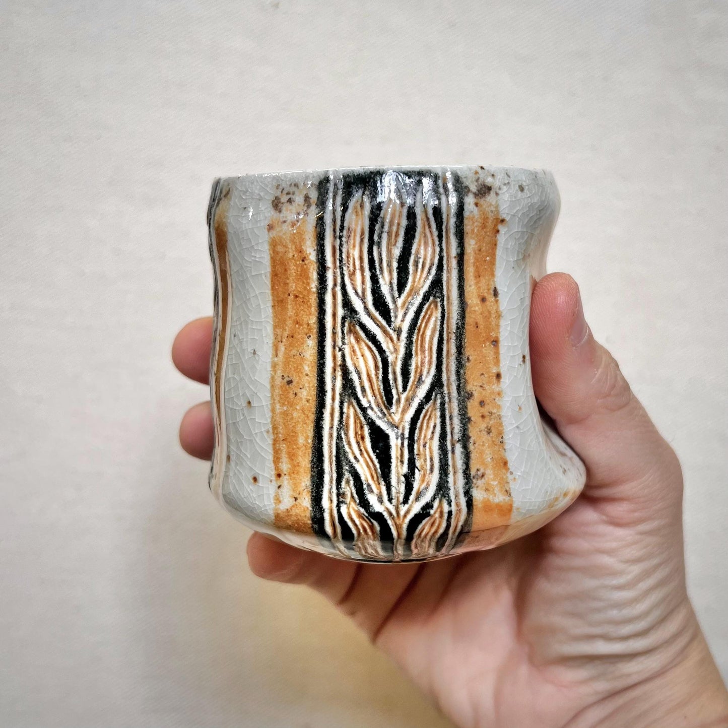 Wood Fired Thumbprint Cup - 8oz Tumbler - Rustic with Abstract Leaf Design